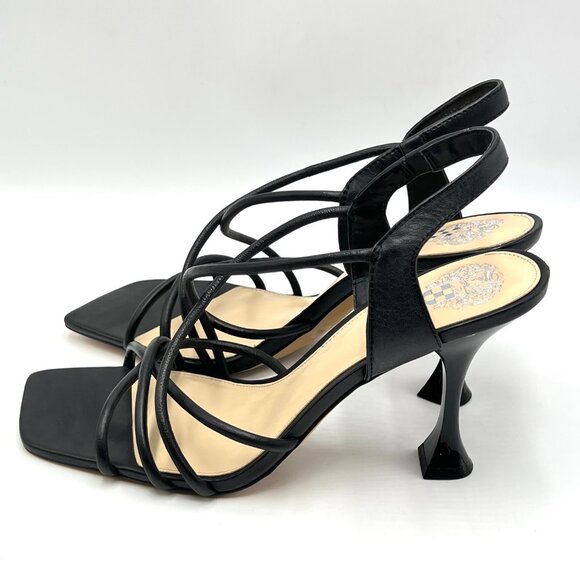 Vince Camuto 9.5 Sanda Black Leather Strappy Flared Heels Dress Sandals Shoes - Picture 6 of 14